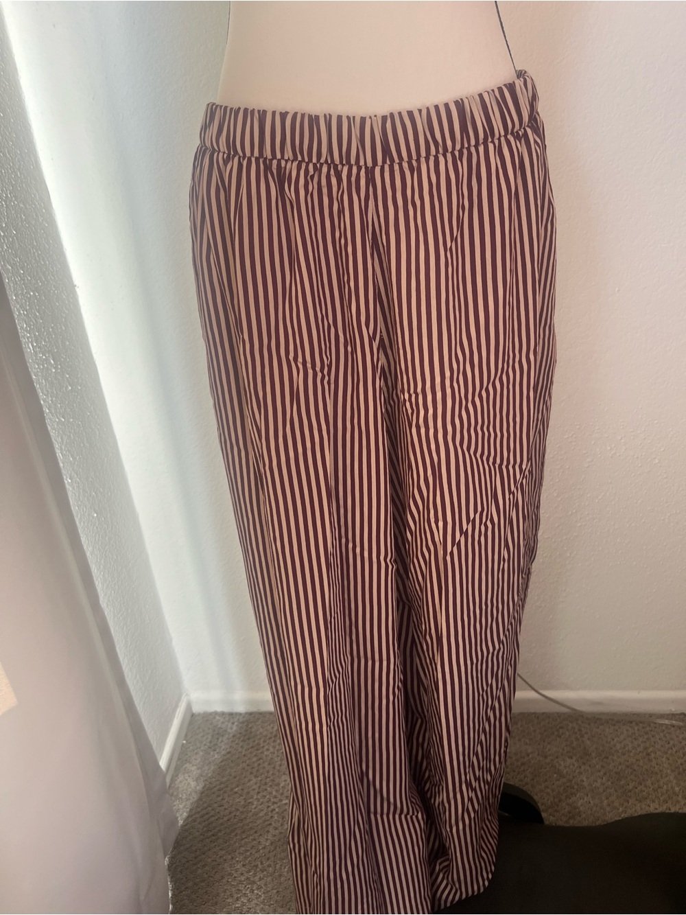 Zara Wide-Leg Striped Pants - Cream & Burgundy